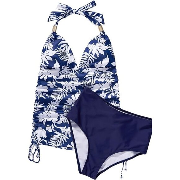 Suukess Gold Metal Sliders Floral Halter High Waisted Swimsuit Size Large - Picture 2 of 13